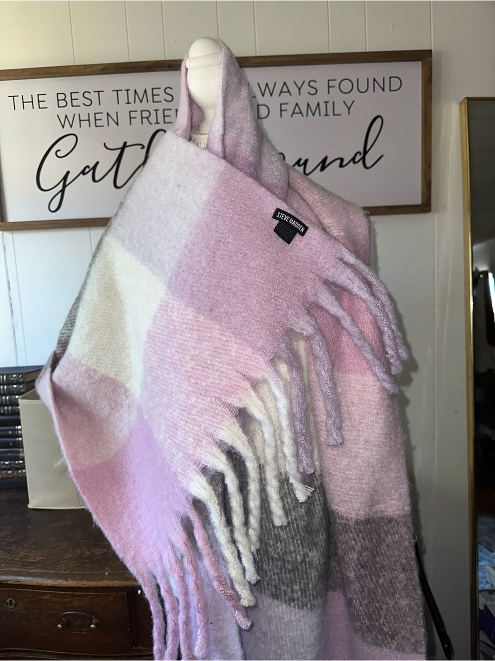 Steve Madden Pastel Plaid Fringe Scarf in Pink, Cream & Gray
